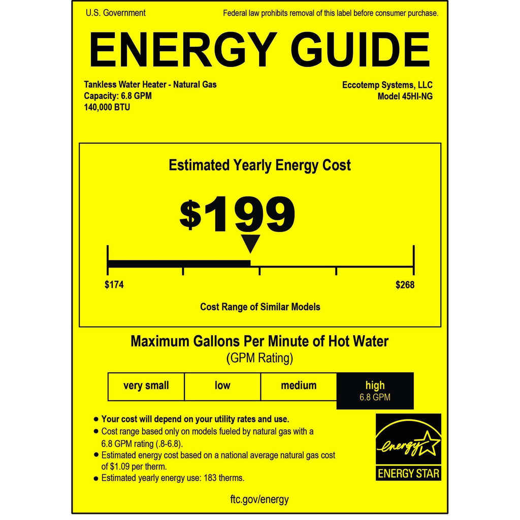 Eccotemp 45HI Indoor 6.8 GPM Natural Gas Tankless Water Heater Vertical Bundle 45HI-NG-V-B